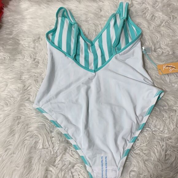 KONA Sol striped Vneck one piece swimsuit teal/white padded cup size large - Picture 5 of 7